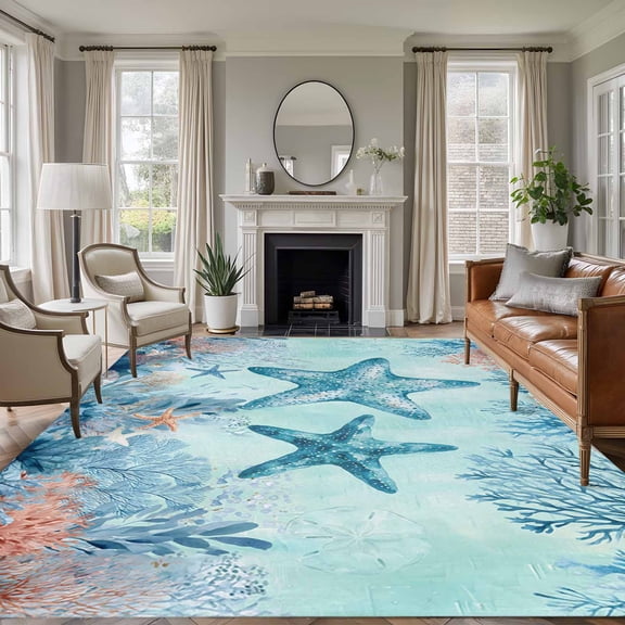 Large Area Rugs for Living Room Bedroom, Coastal Starfish Blue 8'x10' Rug Washable Carpet Runner Indoor Outdoor, Summer Beach Nautical Coral Non Slip Floor Mats Rug for Kitchen, Patio