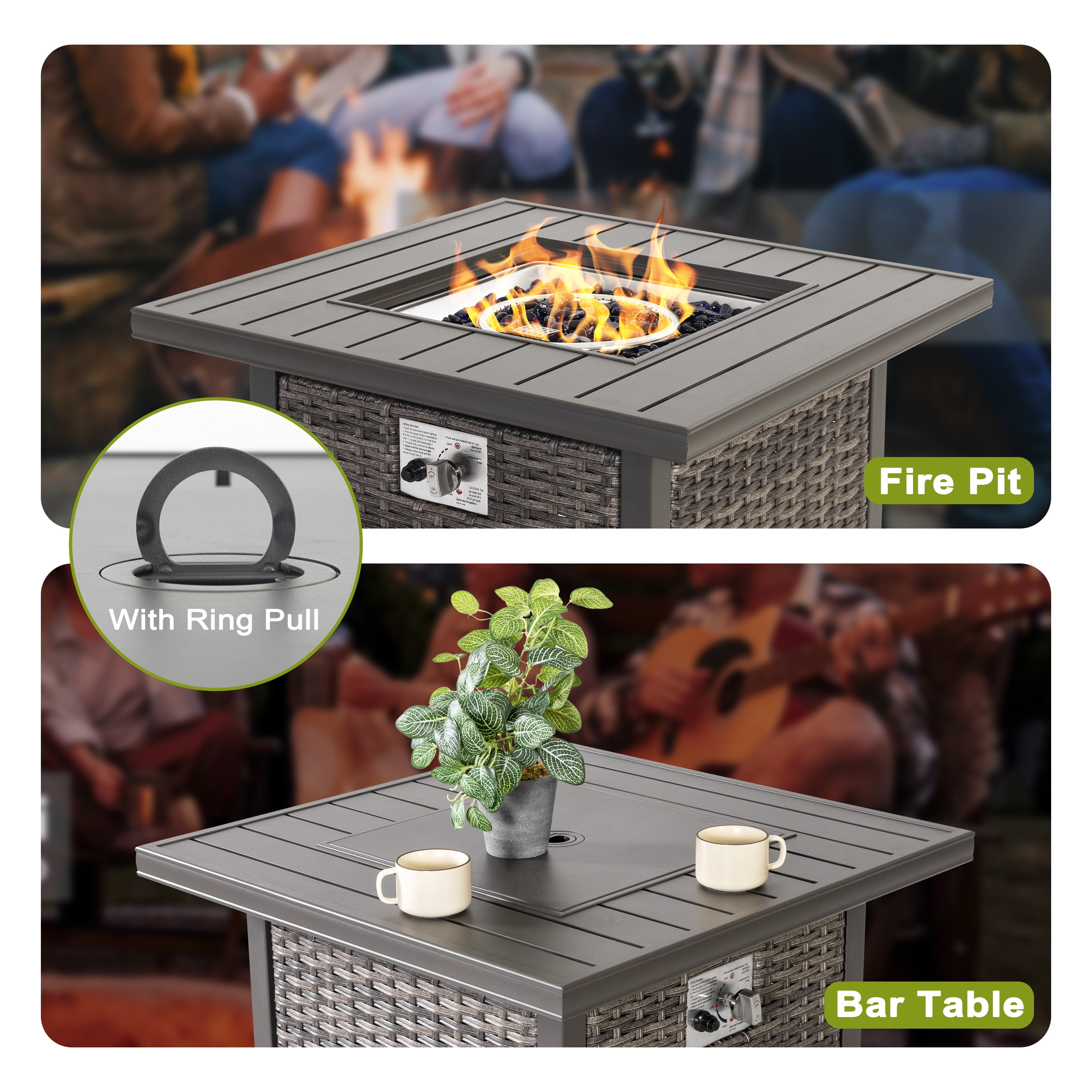 Nuu Garden Square 30" Outdoor Propane Fire Pit Table, 50,000 BTU Gas Fire Pit with Lid, Hand-Woven Wicker, with Glass Beads and CSA Certification