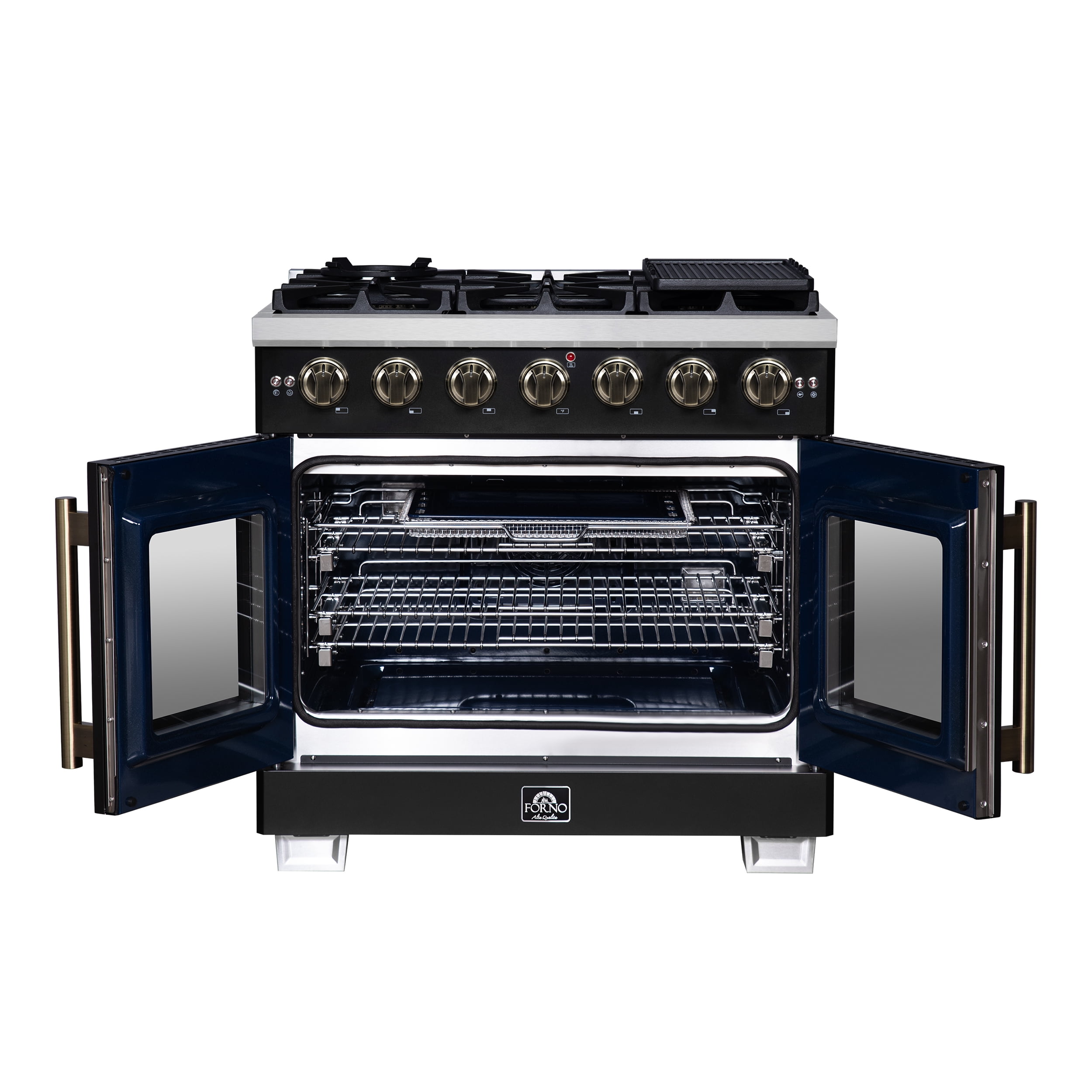 Forno Capriasca 36-Inch Black Freestanding French Door Gas Range, 6 Burners, Convection Oven, Energy Efficient