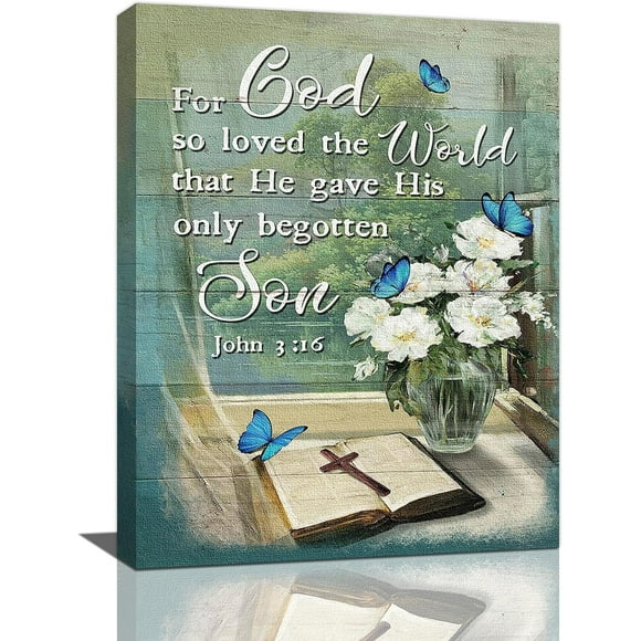 Christian Floral Decor Wall Art Scripture Bible Verse Butterfly Flower Pictures Rustic Religious Canvas Painting Framed Artwork for Bathroom Bedroom Living Room 12''''x16''''