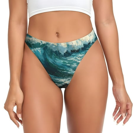 Qokaie Blue Ocean Waves Printed Women s Cotton Thong Underwear  Sexy Breathable Panties G-string-X-Large