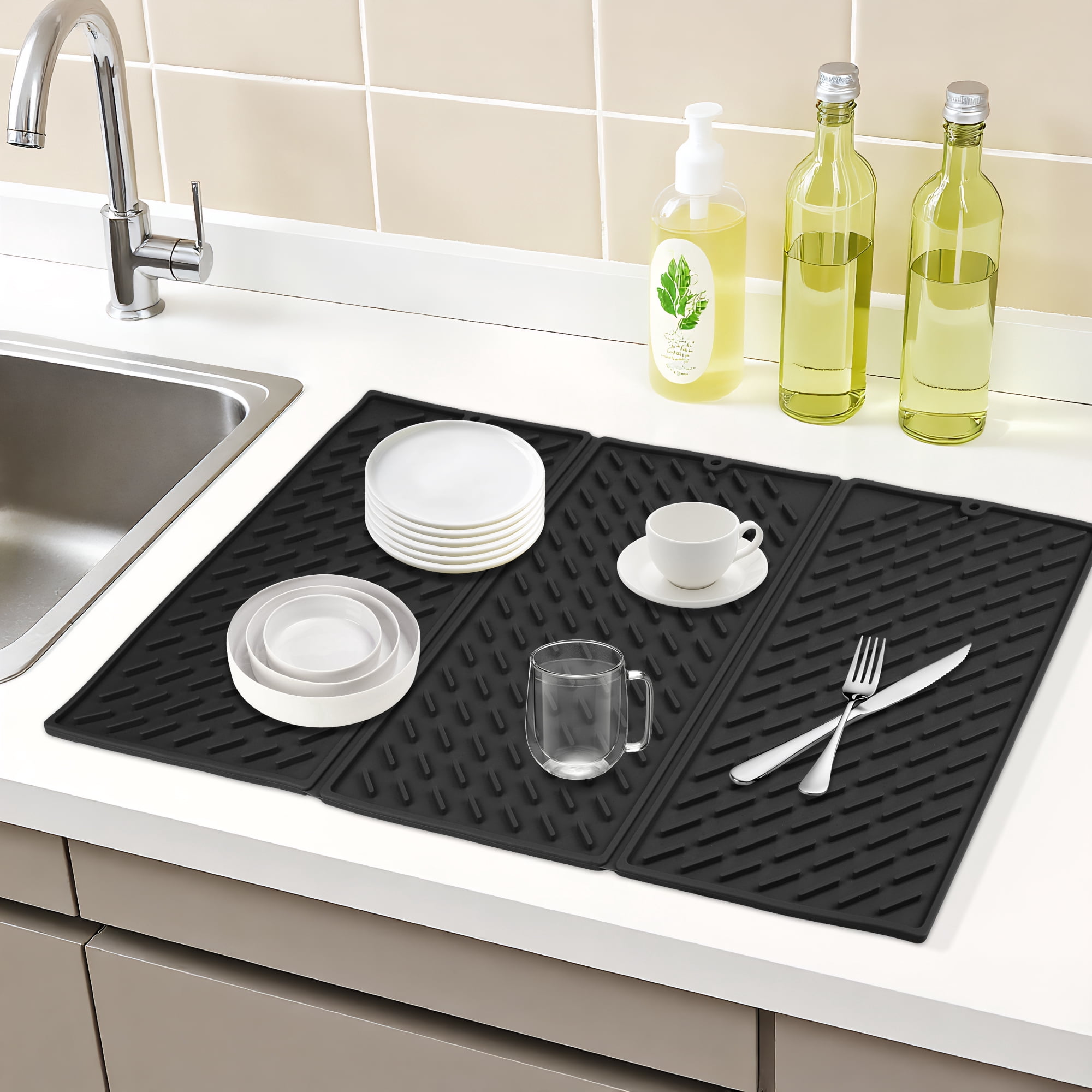 Unique Bargains Heat Resistant Silicone Fits Under Dish Rack Dish Drying Mat Black