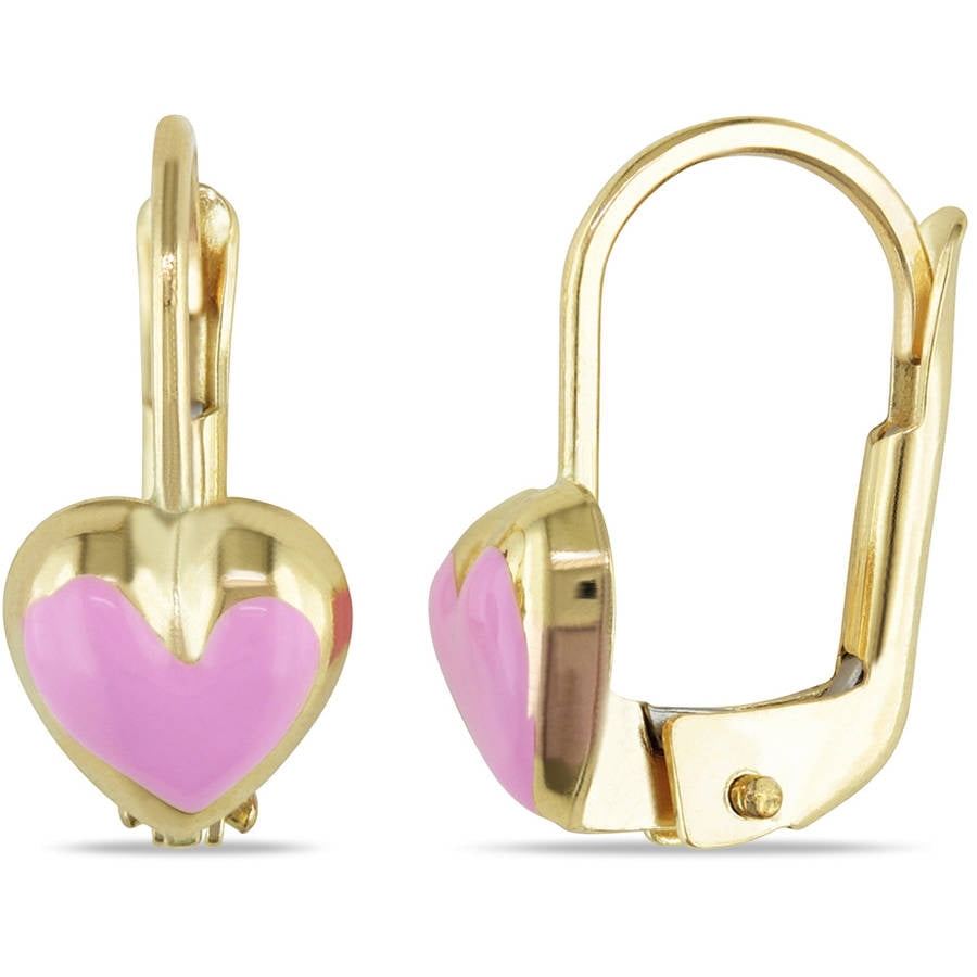 Cutie Pie 18kt Yellow Gold with Pink Enamel Children's Heart Leverback Earrings by Cutie Pie