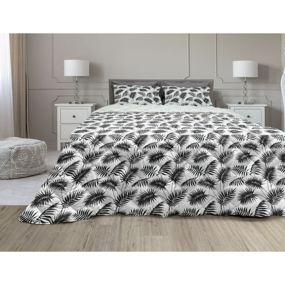 Leaves Comforter & Sham Bedding Set, Repeating Vintage Summer Design Monochrome Foliage Art on Plain Backdrop, 3 pcs Duvet Set Microfiber Filling Quilt, 5 Sizes, Charcoal Grey White, by Ambesonne
