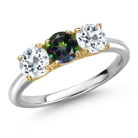 Gem Stone King 925 Silver and 10K Yellow Gold Green Mystic Topaz and White Topaz Engagement Ring for Women | 1.75 Cttw | Round 5MM | Gemstone November Birthstone | Size 8