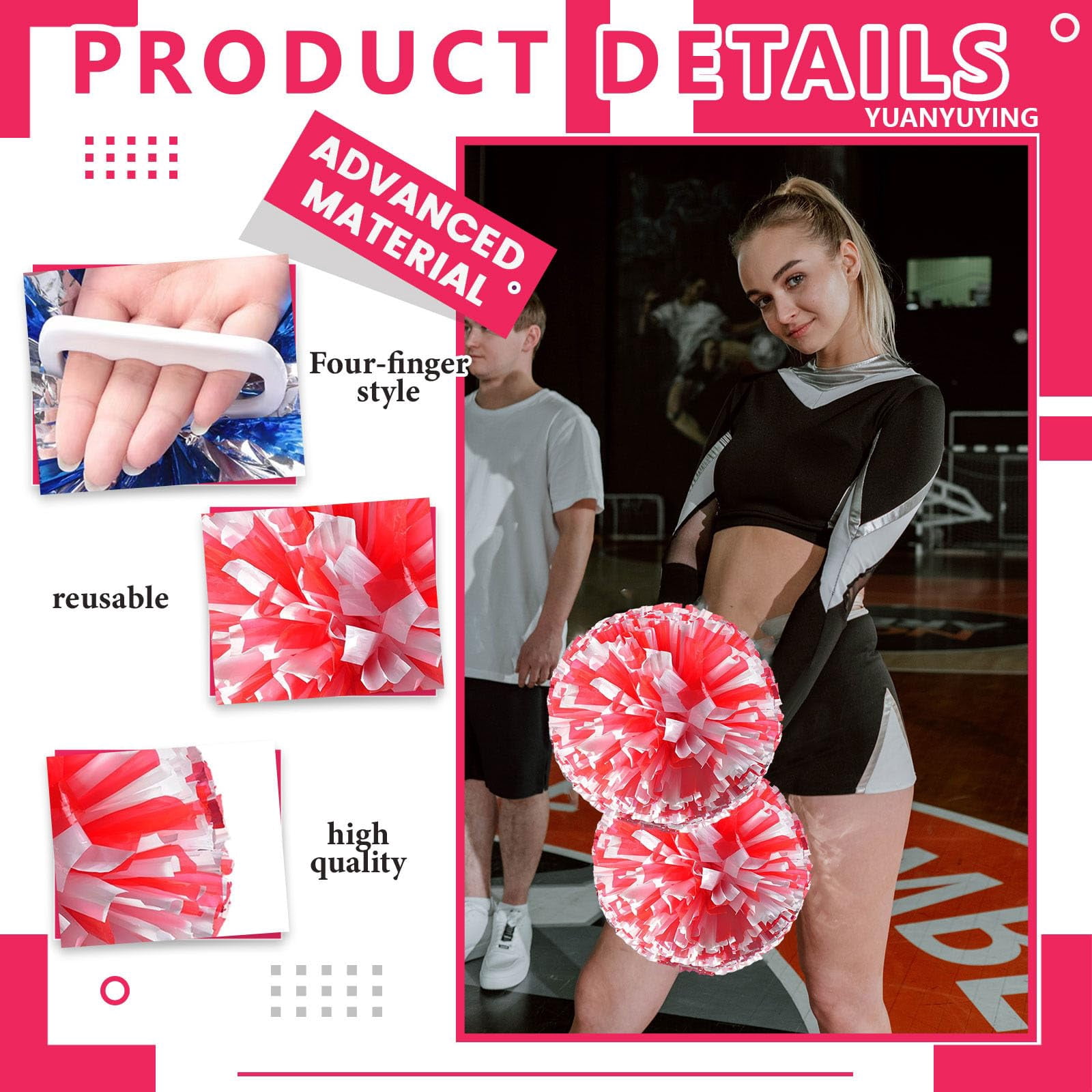 Cheer Pom Poms 18 Pcs Four Finger Handle, Cheerleading Handheld Squad Pompoms for Sports Team Cheer Spirit Games Dance Party Adults