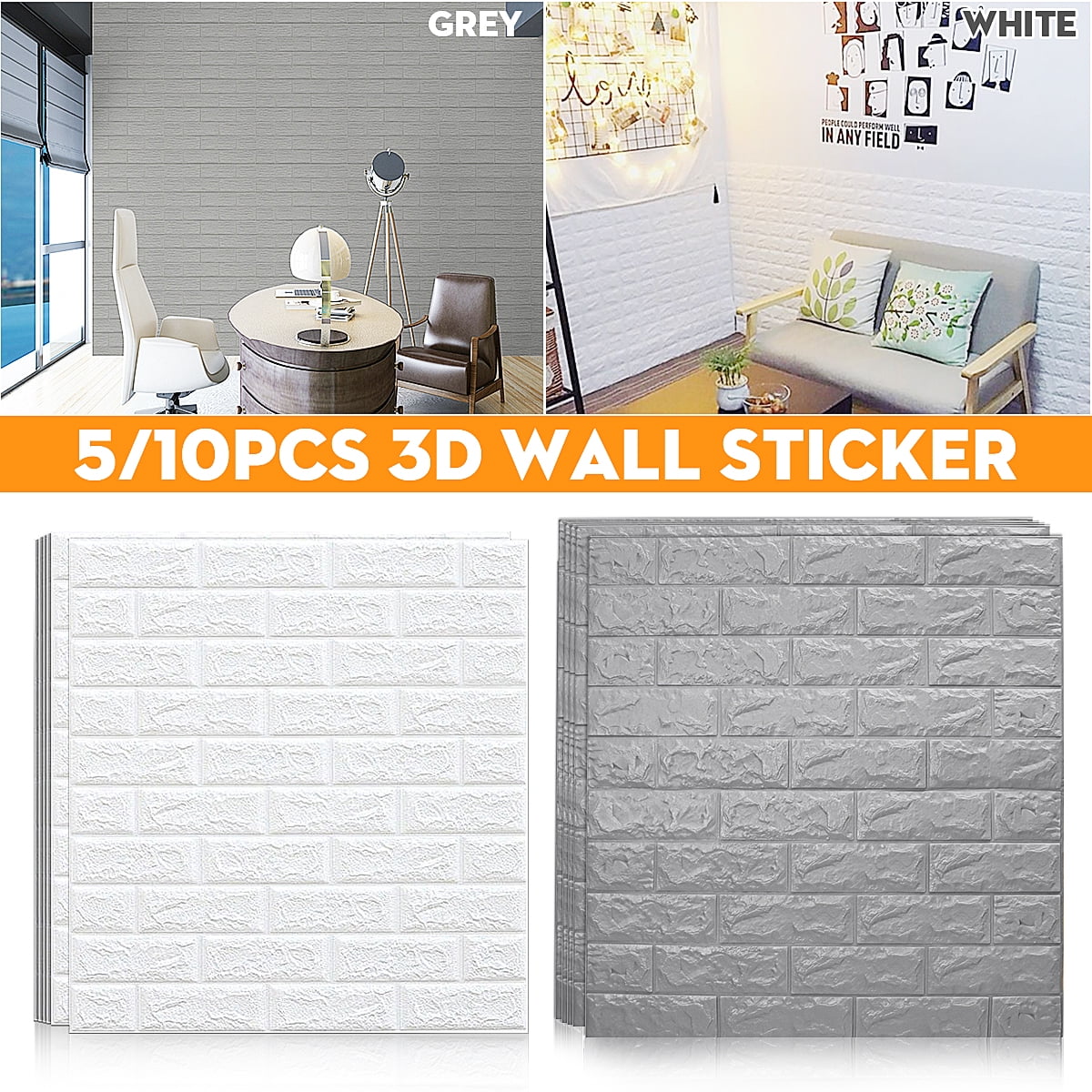 5/10pcs 3D Brick Wall Stickers Waterproof Tile Brick Wallpaper Self