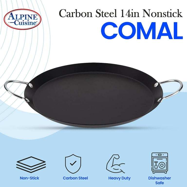 Alpine Cuisine Nonstick Round Comal 14-Inch - Black Carbon Steel Tortilla  Comal with Double Handle - Durable, Heavy Duty Comal for Cooking 