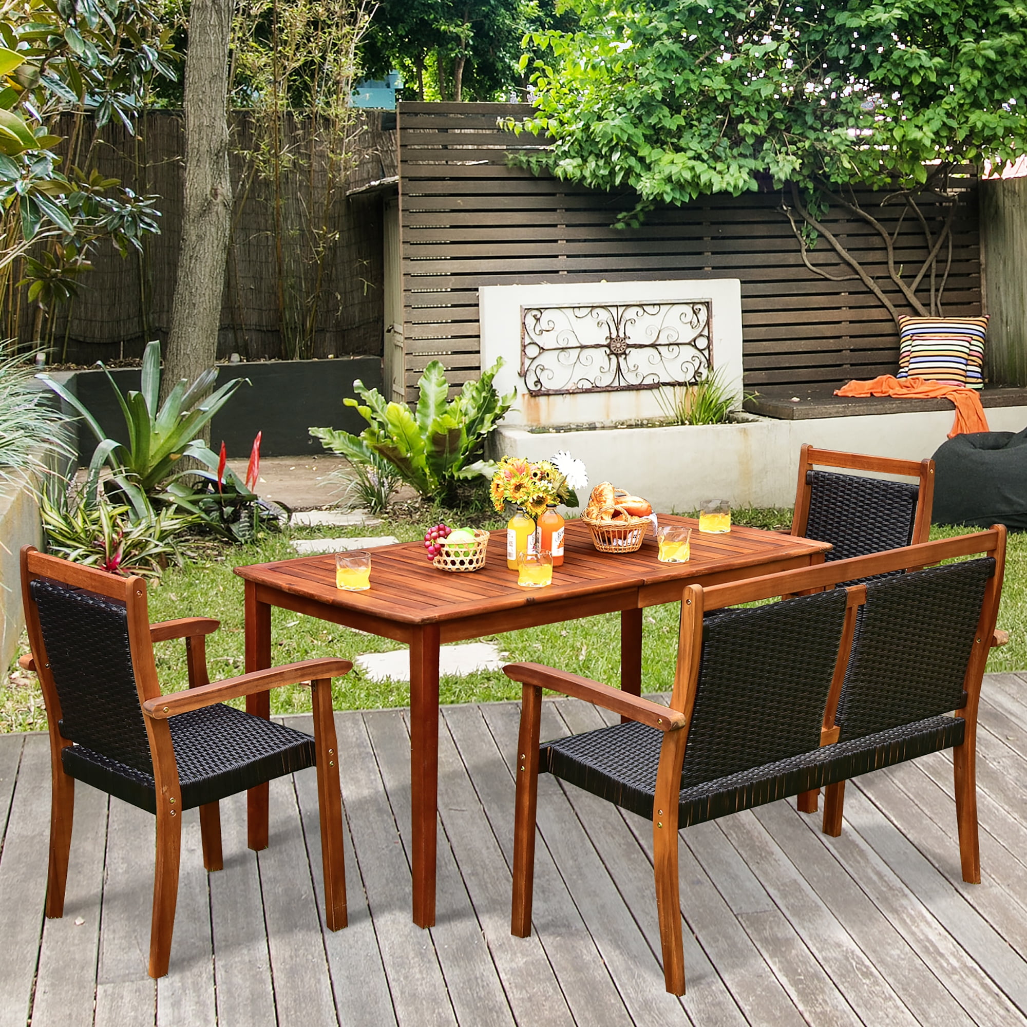 Gymax 4PCS Patio Dining Set Acacia Wood Rattan Furniture Set w