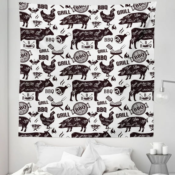 BBQ Tapestry, Food Friends and Fun Real Smoke Grill Beef Cuts Cooking Cow Pig Chicken Artwork, Fabric Wall Hanging Decor for Bedroom Living Room Dorm, 5 Sizes, White Dark Fuchsia, by Ambesonne