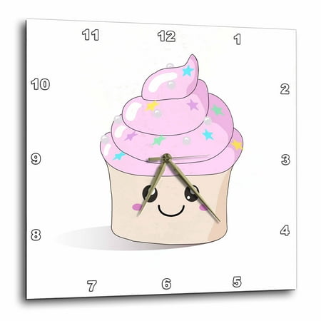 Pearl Clock 3dRose Cute pink happy Cupcake with stars and silver pearls - Kawaii Smiley smiling desserts and cupcakes - Wall Clock, 10 by 10-inch ()