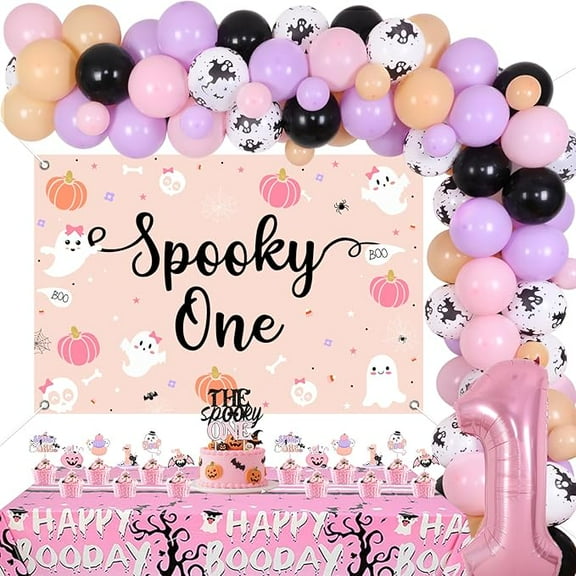 Halloween 1st Birthday Decorations Girl, Spooky One Backdrop Tablecloth with Pink Purple Halloween Balloon Garland Arch Kit, The Spooky One Cake Topper Cupcake Toppers Party Supplies