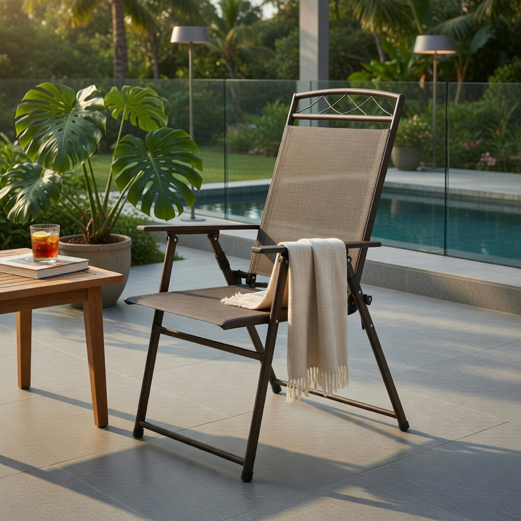 Hommoo 4-Pack Folding Patio Chairs, Steel Frame Sling Chairs with Weather-Resistant Fabric, Compact Lightweight Design for Backyard, Poolside, Balcony & Camping, Brown