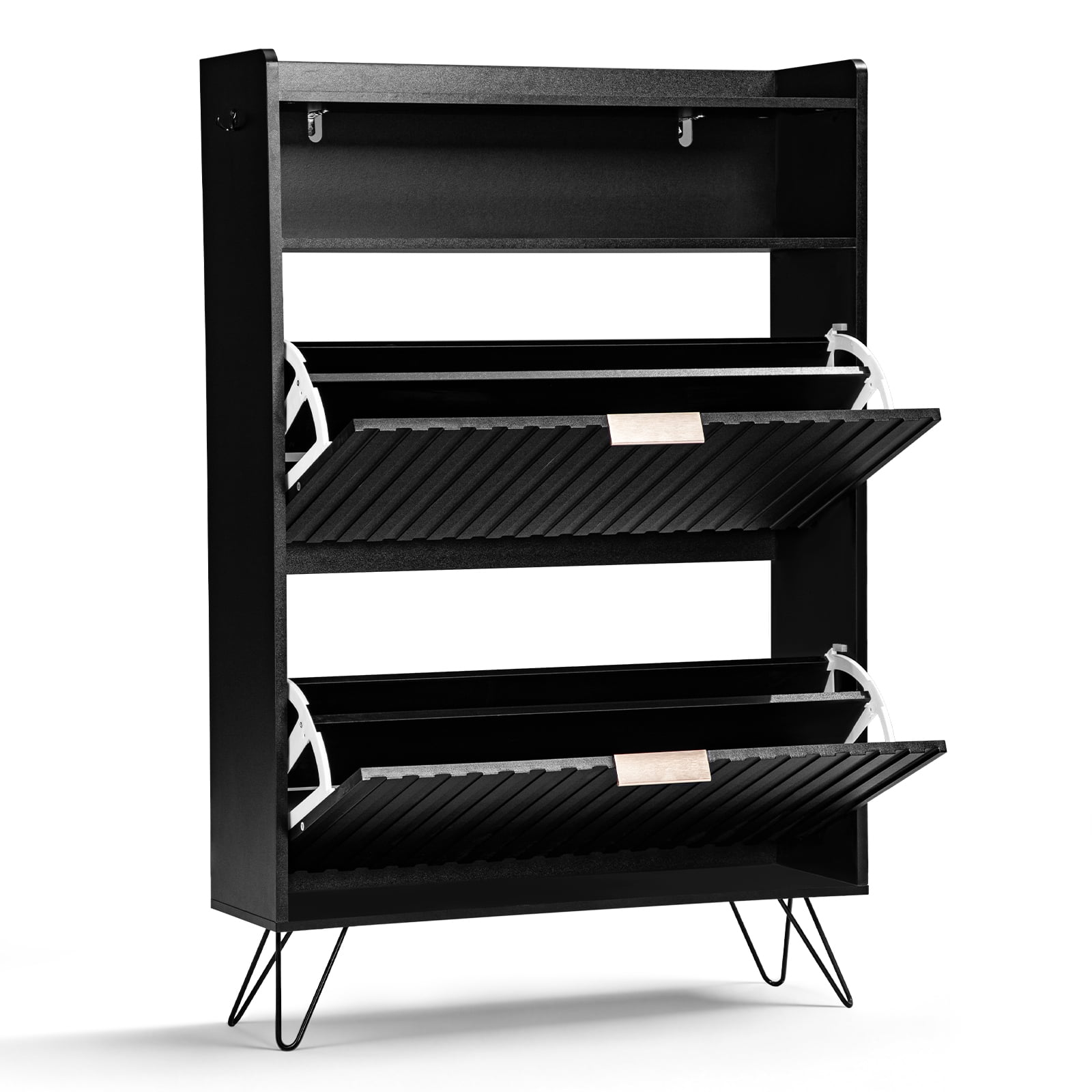 Black Shoe Cabinet with Grille Pattern, Flip-Top Compartment, 2 Drawers, Side Hooks and Elevated Feet, Slim Storage Organizer for Entryway Hallway Apartment