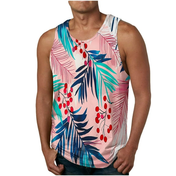 YUGYXL Mens Tank Tops Summer Workout Gym Sleeveless Shirt Hawaiian Graphic Tank Top Men Vintage Beach Shirts Pink XXL