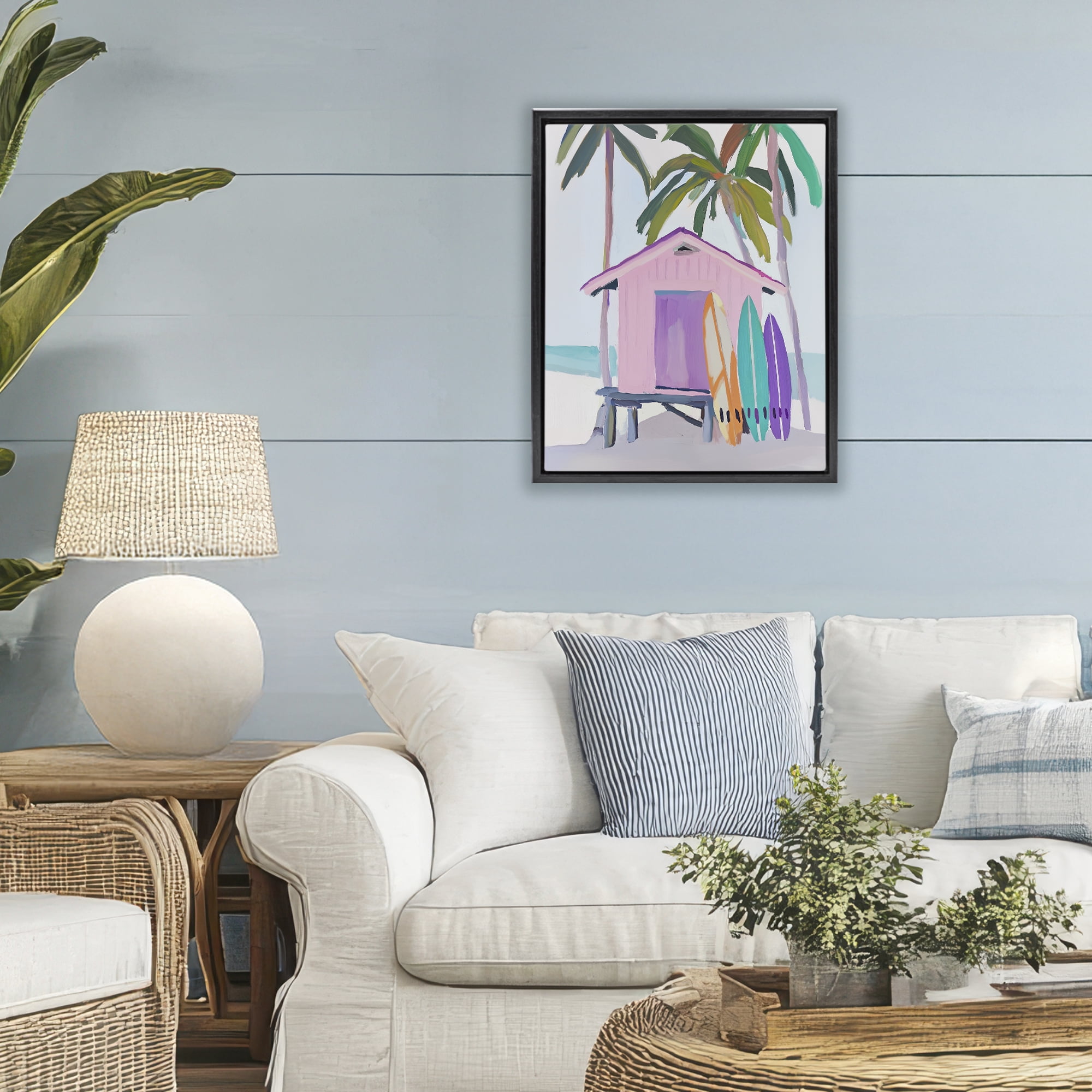 Stupell Industries Pink Beach Hut with Surfboards Black Framed Floater Canvas Wall Art, design by Sisi and Seb
