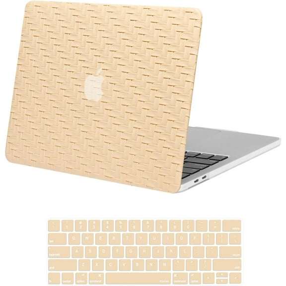 Mosiso Case for MacBook Pro 13 inch Case 2025-2016 M2 M1 A2338 A2251 A2289 A2159 A1989 A1708 A1706, Rectangle Weave Texture PU Leather Coated Plastic Hard Shell Case & Keyboard Cover, Apricot