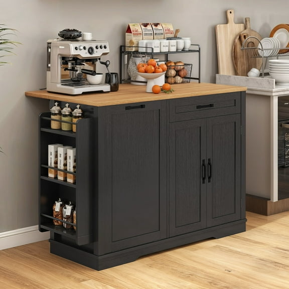 Craftian Rolling Kitchen Island with Drop Leaf Countertop, Kitchen Island Cart with Storage Cabinet for 13-Gallon Trash Bin, Black