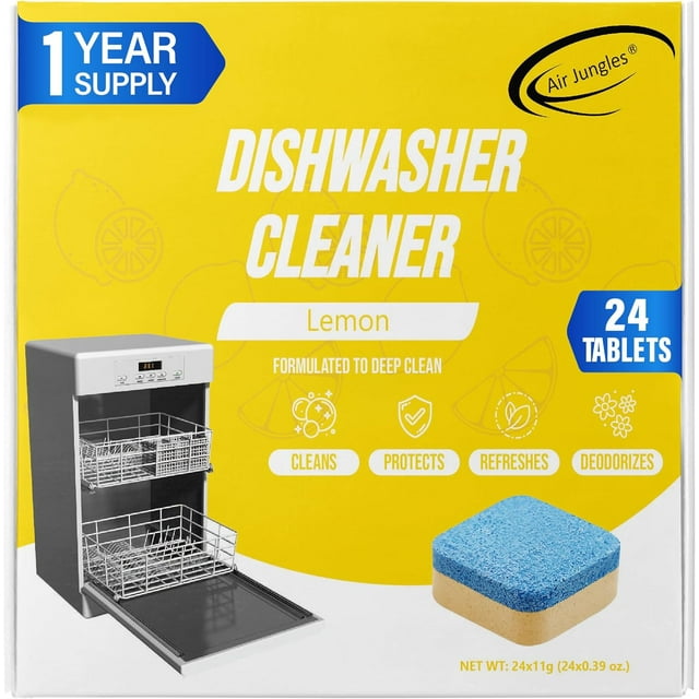 Air Jungles Dishwasher Cleaner Tablets (24 Count), Lemon Scent, Deep Cleaning Descaler, Formulated To Clean Dishwasher Machine, Remove Limescale, Hard Water, Calcium, Odor, 12 Month Supply