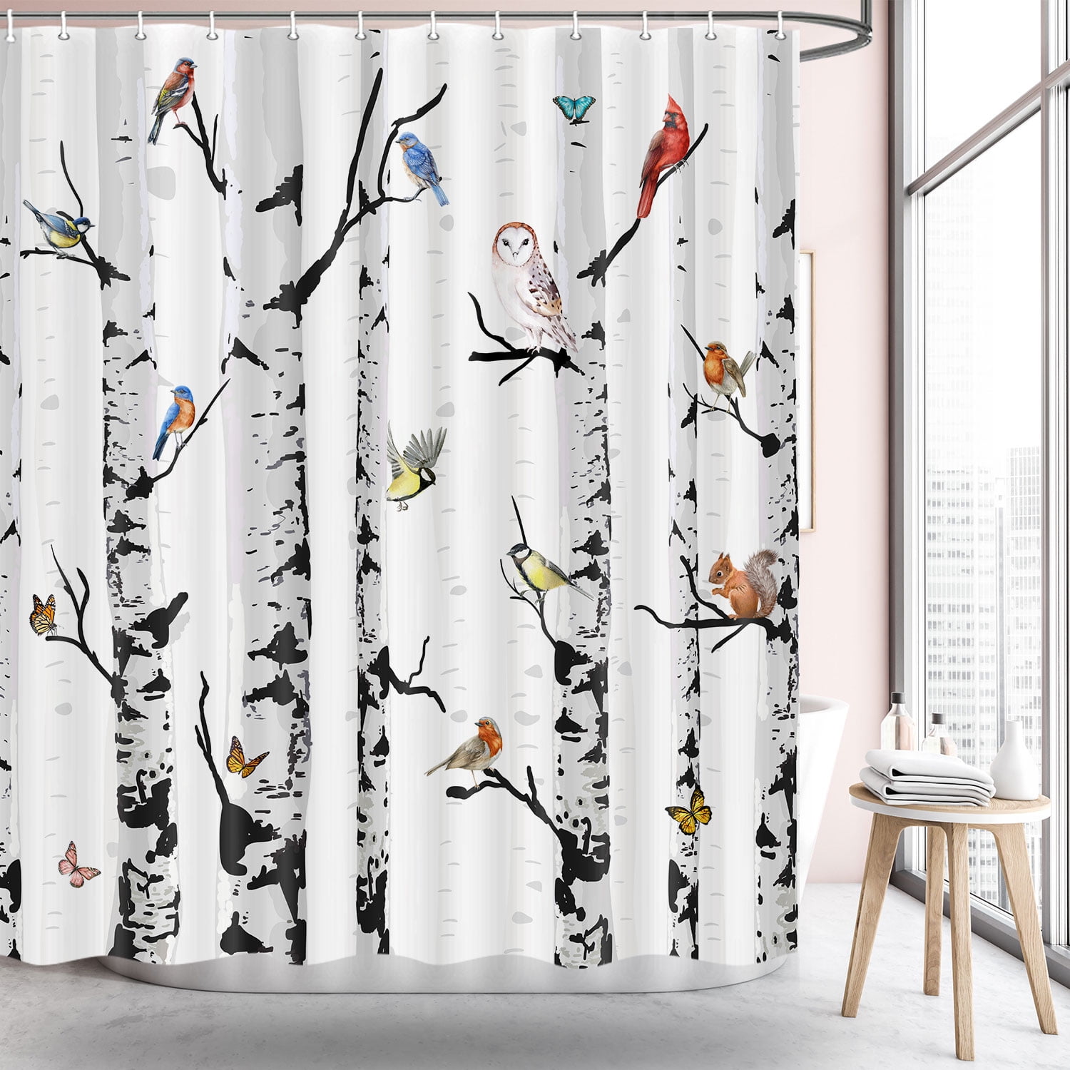 Bird Fabric Shower Curtain, White Black Birch Tree Forest Shower
