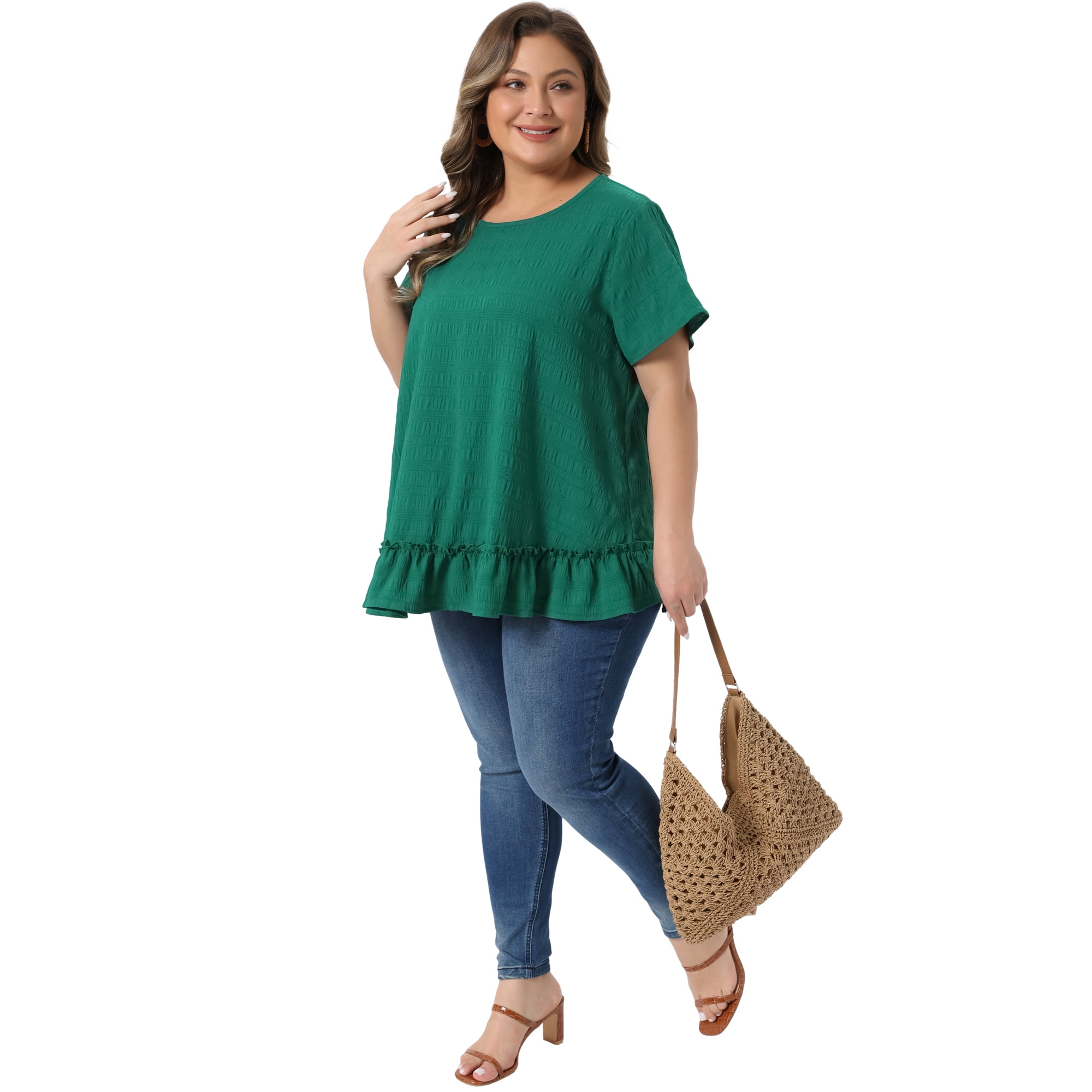 DARING DIVA Women's Plus Crew Neck Short Sleeve Loose Fit Flowy Blouse Top 4X Green