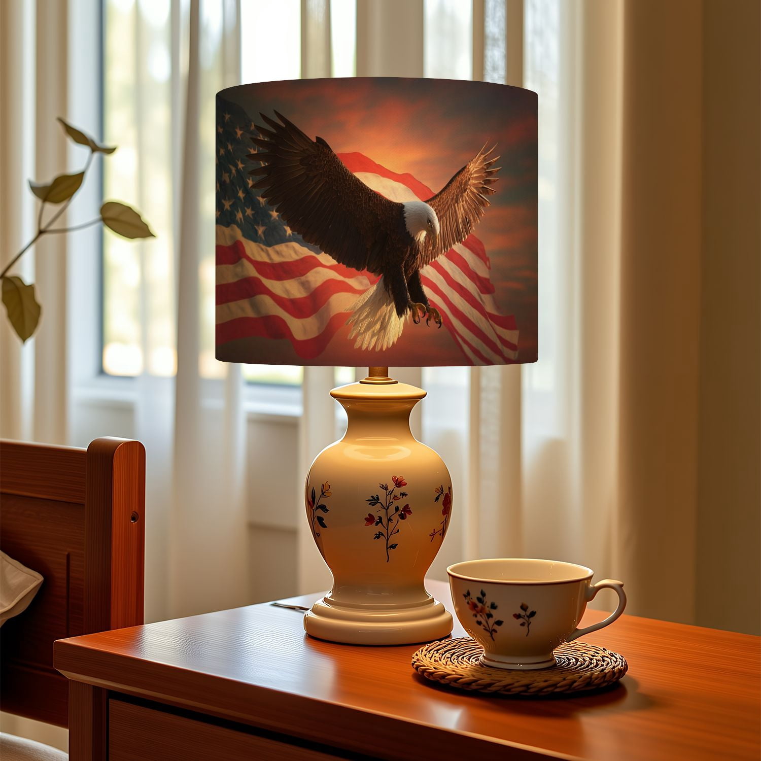 Linen Drum Lamp Shades Eagle American Flag Flies Freedom Sunset Vintage Toned 13" x 13" x 10" Lampshade for Table Lamps Floor Lamps Lamp Shade Replacement Easy Assembly Required