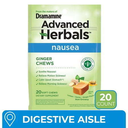 Advanced Herbals by Dramamine, Ginger Chews, Nausea Relief Soft Chews Lemon-Honey-Ginger, 20 Ct