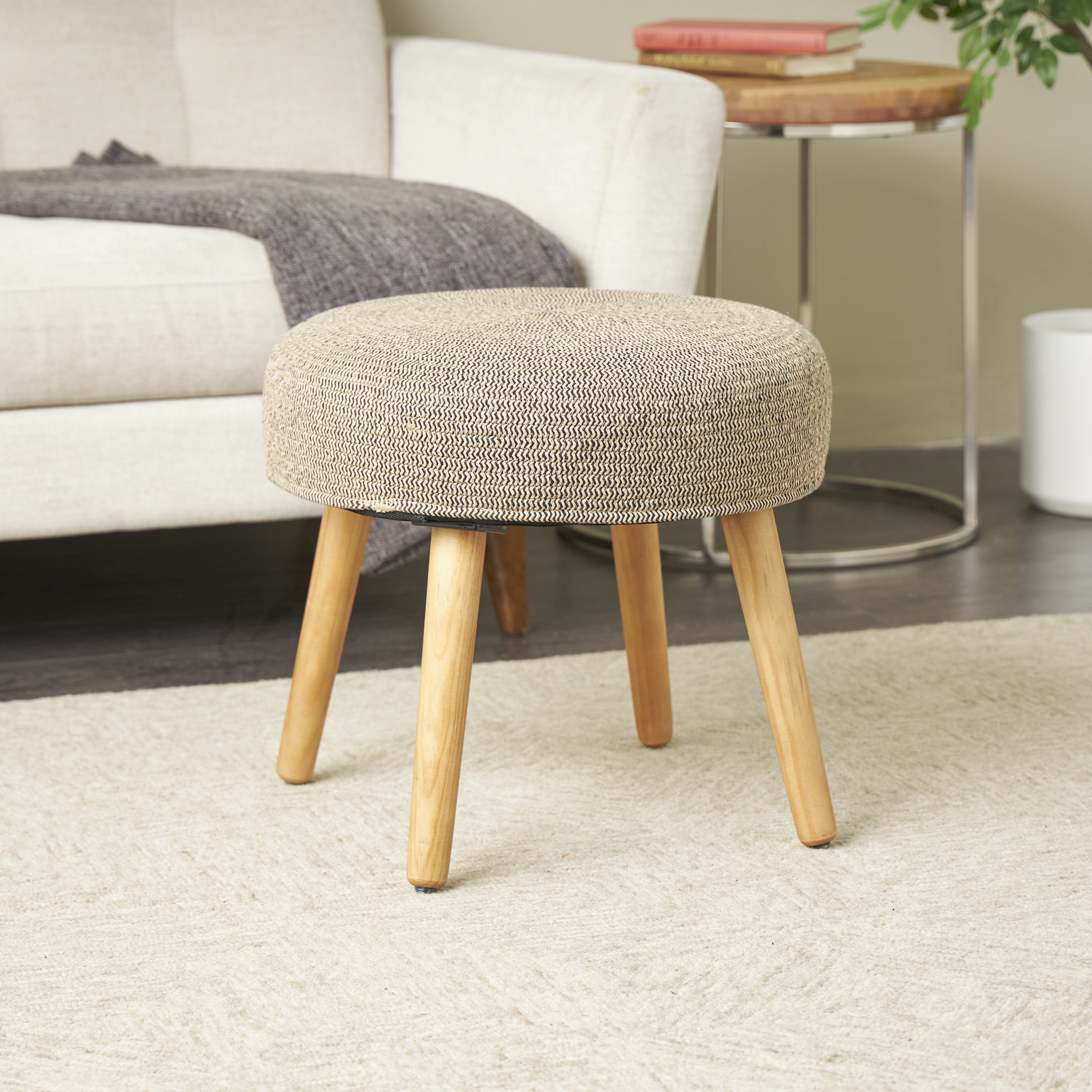 DecMode Polyester Chevron Textured Stool with Brown Wooden Legs, Brown