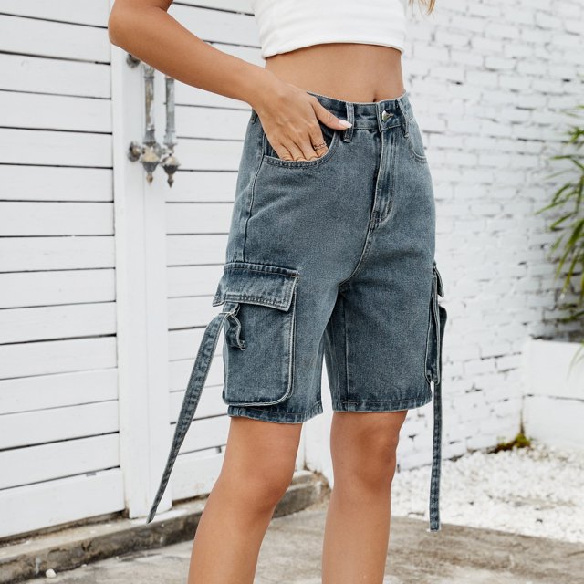 MKLEKYY Pantalones Cortos de Mezclilla para Mujer, Informales, de Verano, A La Moda Urbana, Lavados, con Bolsillos, Desgastados, No Elásticos, para El Trabajo