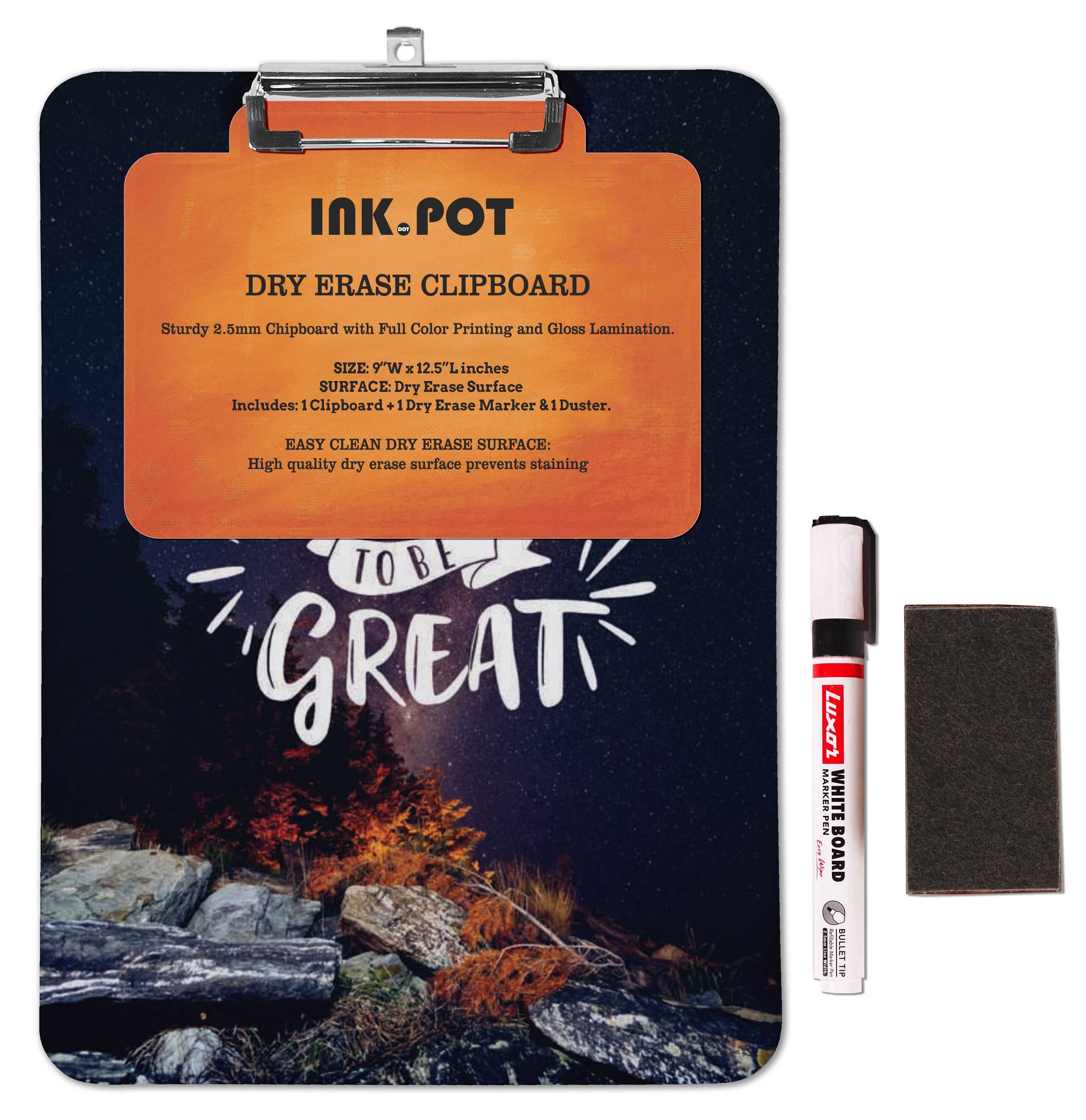 Inkdotpot Dry Erase Double Sided Dry Erase Double Sided Clipboard Letter Size Printed Paperboard Clipboard w/Low Profile Clip 9X15 With Free Marker & Duster