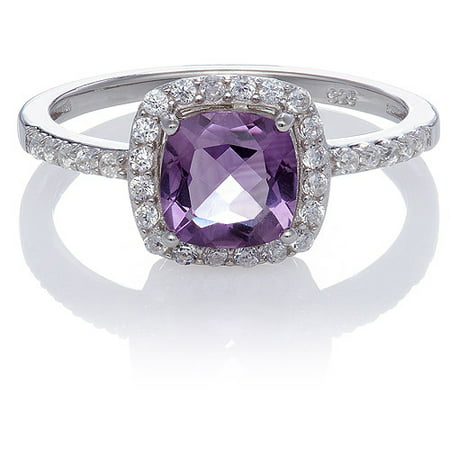 Amethyst Cushion-Cut with Created White Sapphire Ring, Size 7