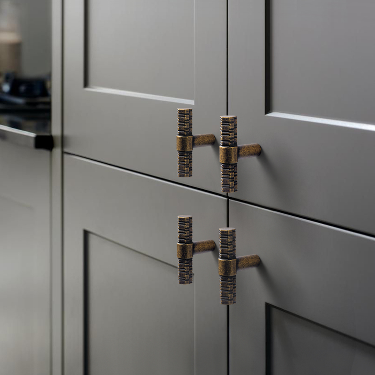 Goo-Ki 12 Pack Antique Brass T Bar Cabinet Drawer Pulls, Luxury Zinc Alloy Cabinet Handles with Knurled for Dresser and Cupboard