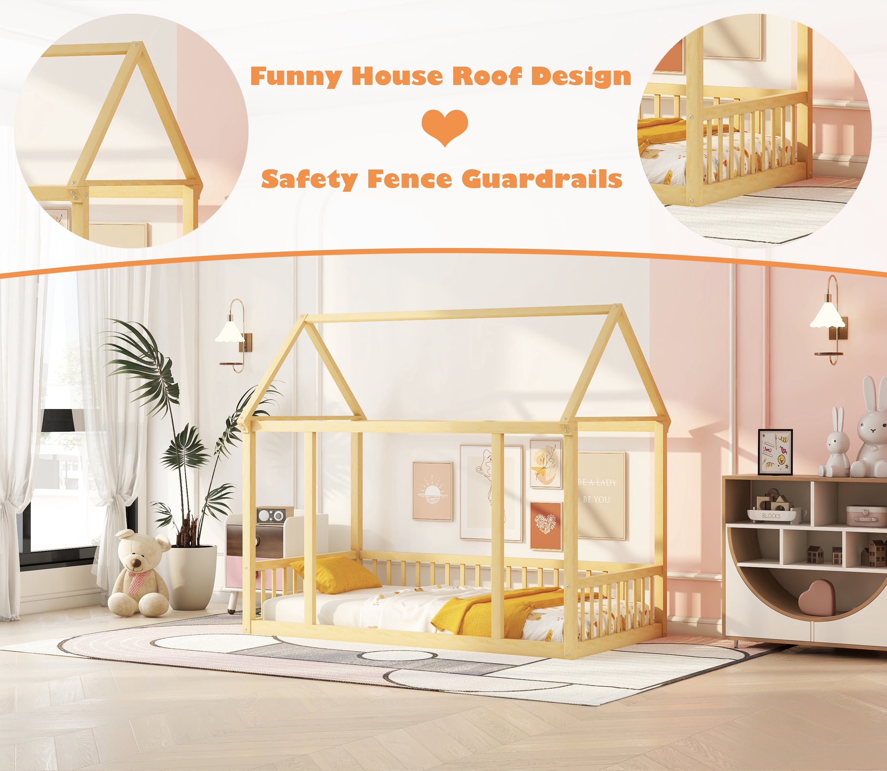 Bellemave Twin Size Wood House-Shaped Floor Bed with Fence, Guardrails, Montessori Floor Bed House Bed Frame with Roof (Twin, Natural)