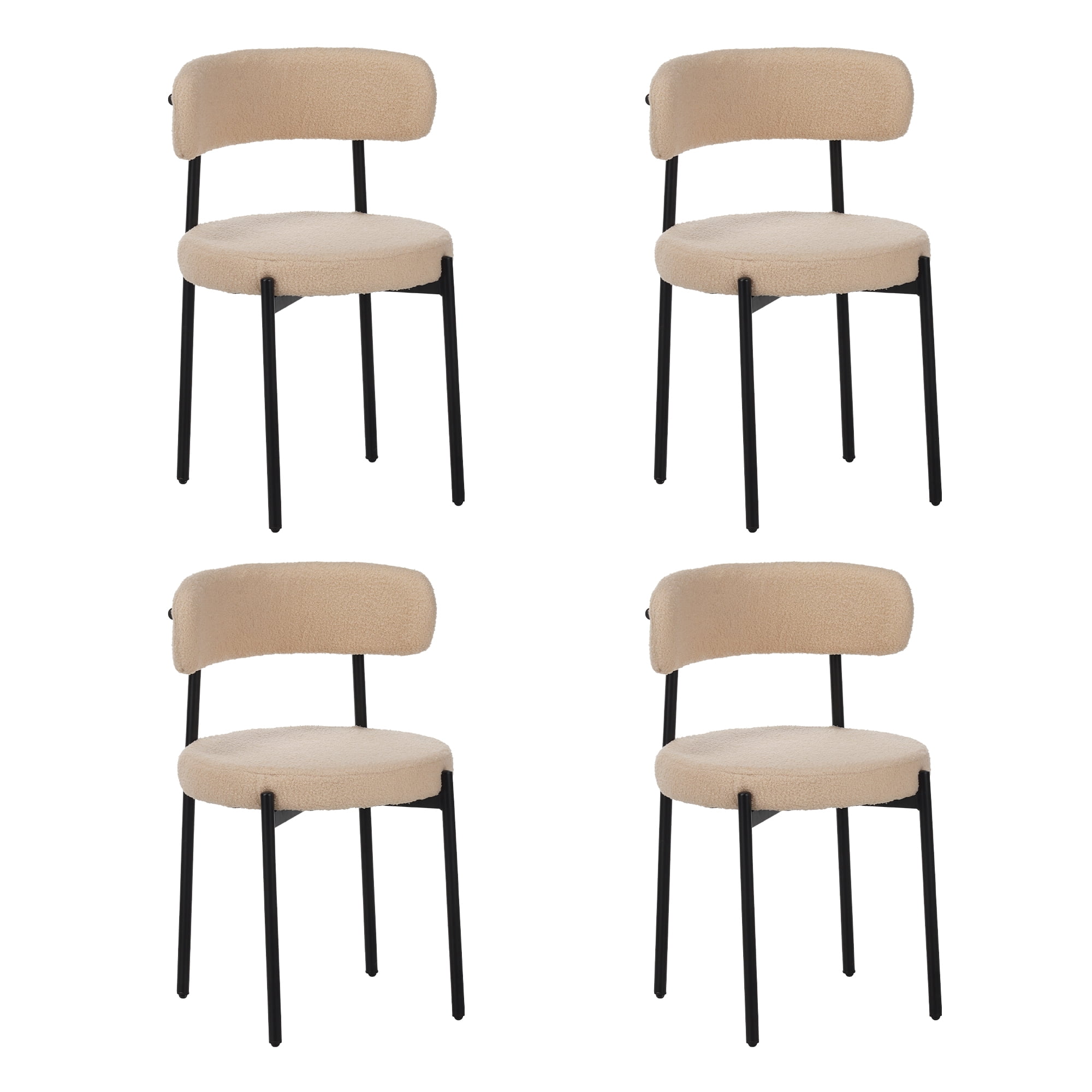 Medieval Modern Dining Chair Set of 4, Round Seat Cushions Black Metal Legs Curved Back, for Restaurants Dining Rooms Kitchen Home, Easy to Assemble, Beige
