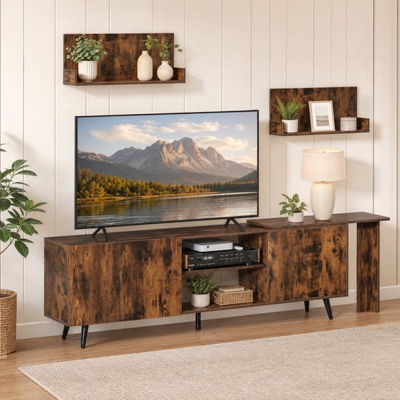 TV Stand for TVs up to 85 Inch with 2 Wall Shelves, Wood Entertainment Center with Charging Station,Brown