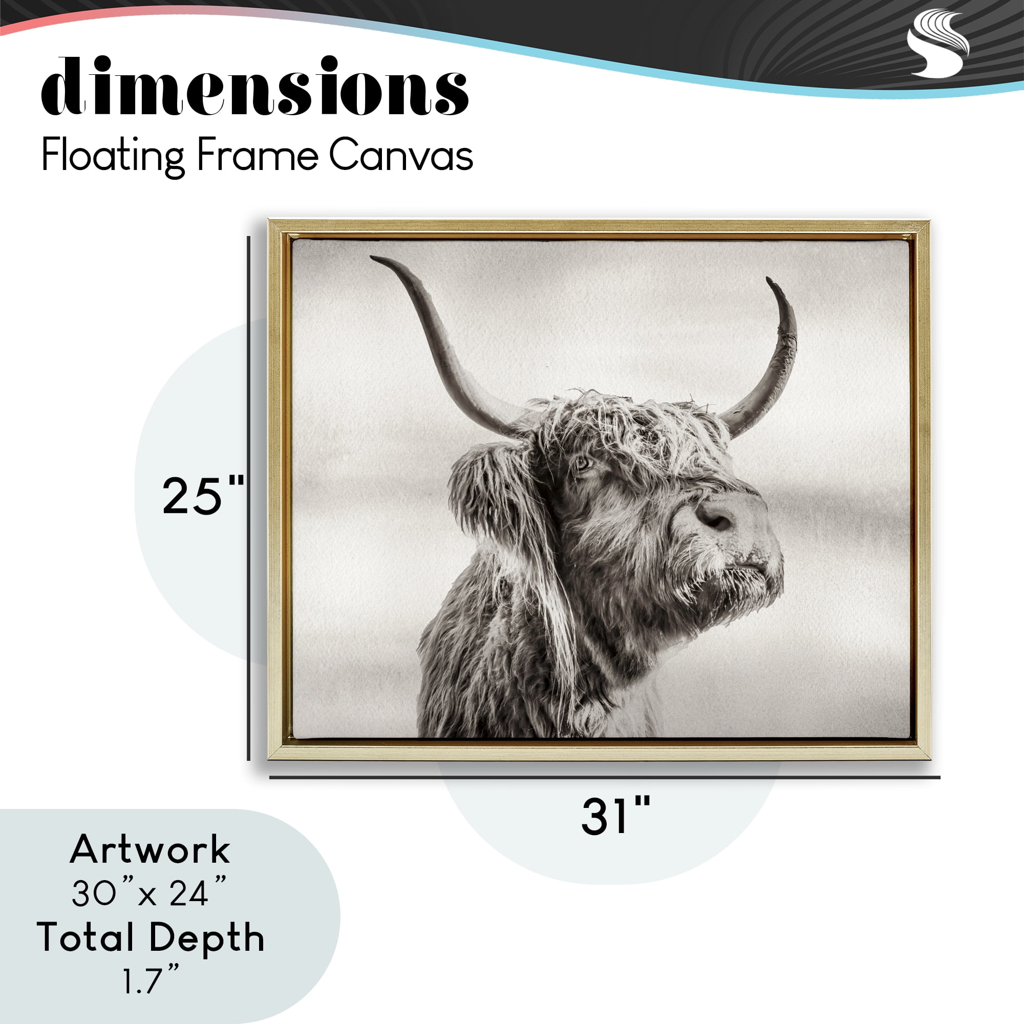 Stupell Industries Horned Highland Cow Gazing Gold Framed Floater Canvas Wall Art, design by Julia Frost