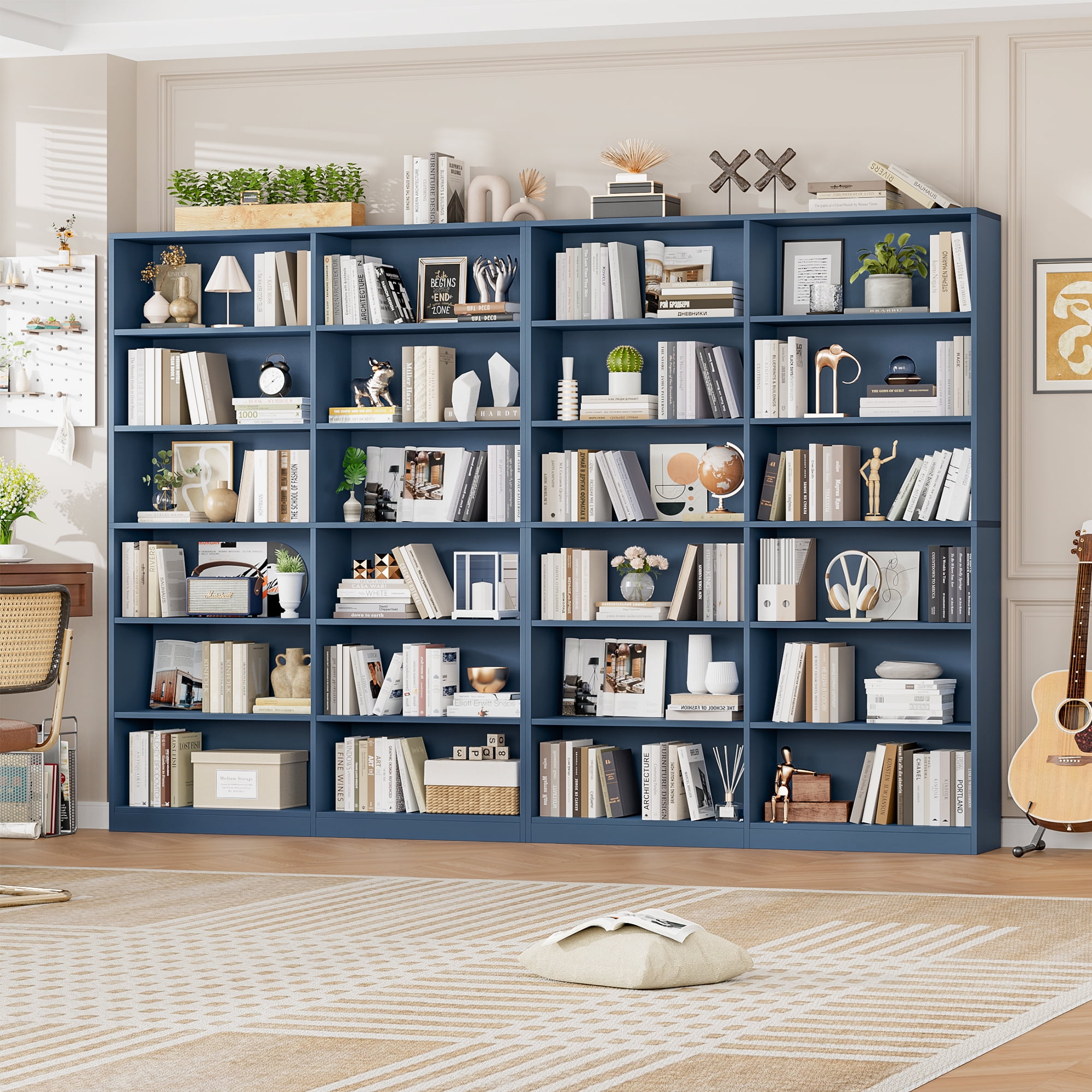 Homfa 74.3” Double Wide 6-Tier Bookcase, Extra Large Wooden Freestanding Display Bookshelf for Home Office Living Room, Blue