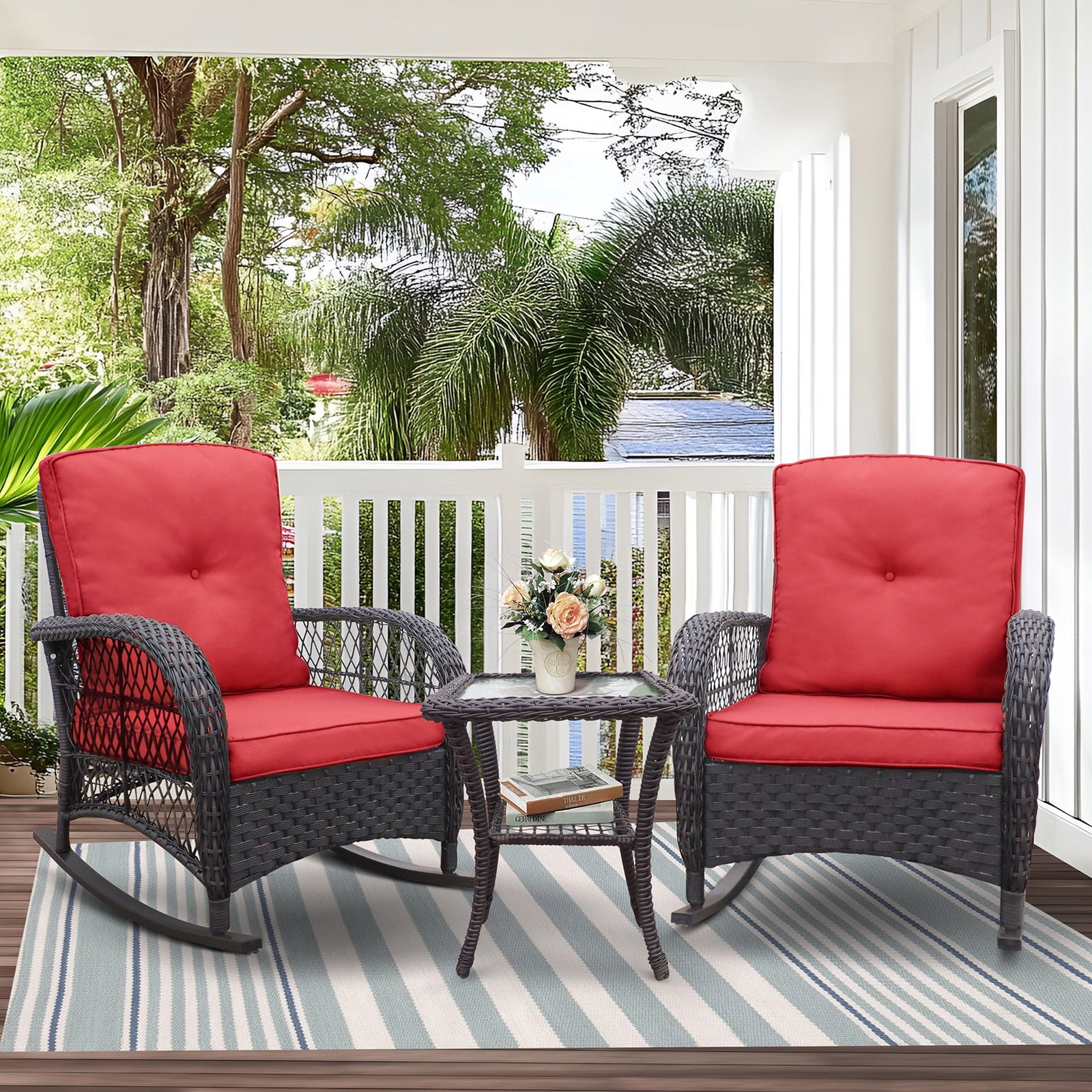 ATR ART to REAL 3 Pcs Outdoor Wicker Rocking Furniture Sets,Rattan Rocker Chair Sets with Table for Porch, Red
