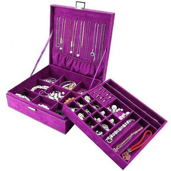 ProCase Jewelry Box Organizer for Women Girls, Two Layer Jewelry Display Storage Holder Case for Necklace Earrings Bracelets Rings Watches -Purple