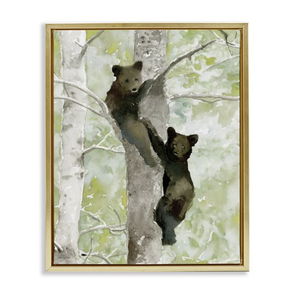 Stupell Industries Farmhouse Bear Cubs Climbing Tree Nature Gold Floating Frame Canvas Art, 17 x 21, by Stellar Design Studio
