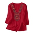 thumbnail image 5 of Boho Embroidered Tunic Tops for Women - Floral V-Neck Peasant Blouse, Loose Fit 3/4 Sleeve Casual Summer Shirt Red M, 5 of 8