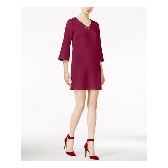 KENSIE Womens Maroon Textured Bell Sleeve V Neck Above The Knee Evening Shift Dress XL