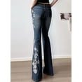 thumbnail image 5 of EMMIOL Women's Mid-Rise Stretchy Flare Bell Bottom Jeans Vintage 90s Y2K Floral Embroidery Denim Pants, 5 of 6
