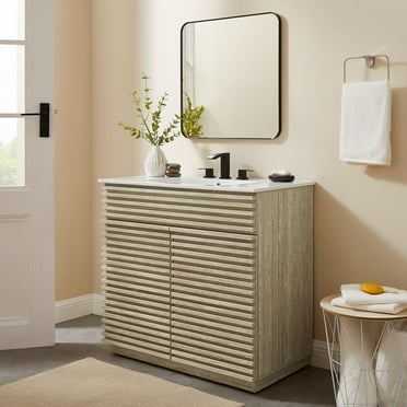 Modway Render 36" Faux Travertine Bathroom Vanity Cabinet (Sink Not Included) in Travertine