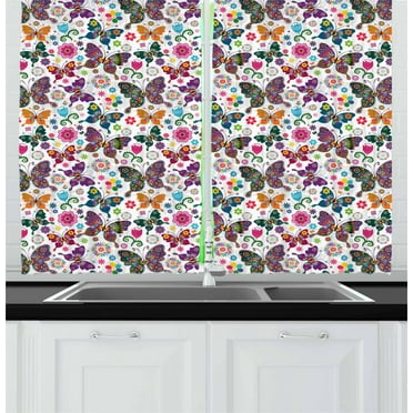 Ambesonne Butterfly Kitchen Curtains, Retro Style Ornaments, 55"x39", Multicolor