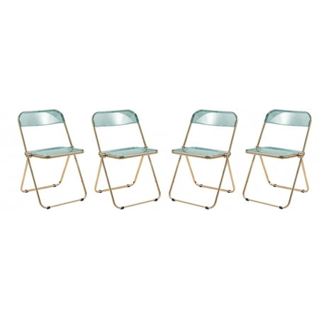 LeisureMod Lawrence Acrylic Folding Chair Gold Metal Frame 4 Set in Jade Green