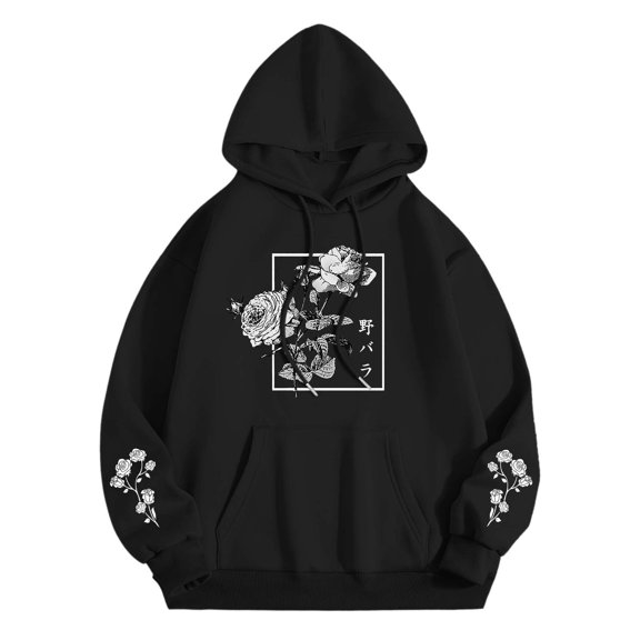 Rose Floral Graphic Hoodie for Men Japanese Cool Hoodies Oversized Trendy Streetwear Pullover Sweatshirt