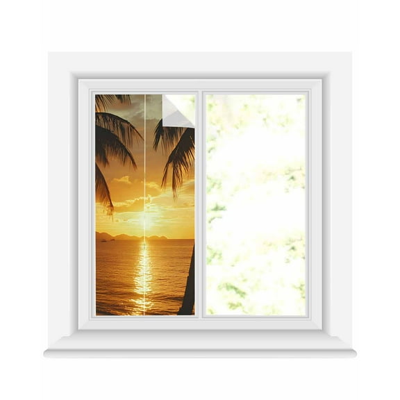 Window Privacy Film Ocean Sunset Stained Glass Window Film Decorative Sun Block Window Cover Palm Tree Beach Coastal Seaside Seashore Window Clings Static Adhesive Sticker for Bathroom 19.6"x39.3"