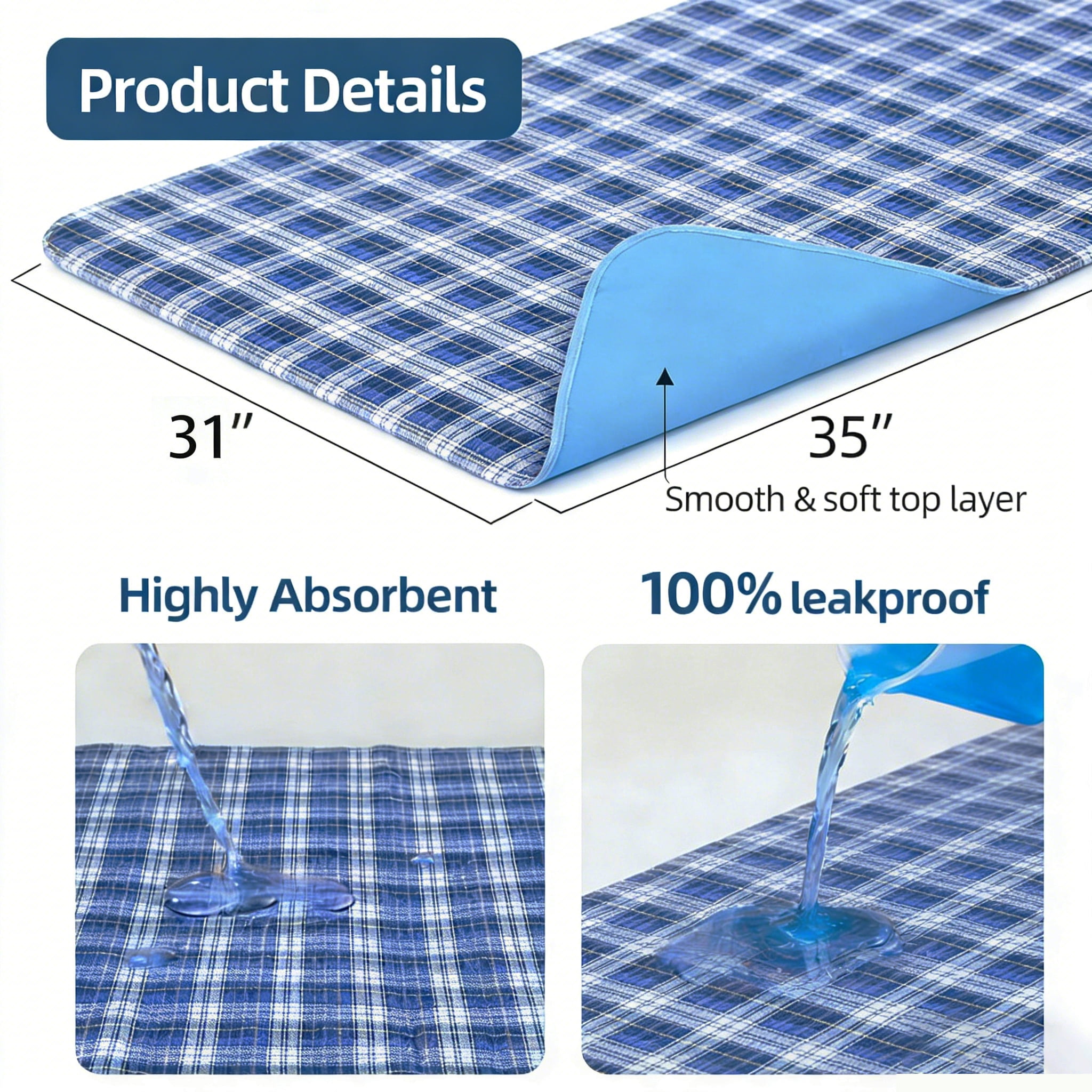 BUYHAO Washable Bed Pads for Incontinence 35"x31" (2 Pack) – Reusable Heavy Absorbency Underpads, Waterproof Bedwetting Protection for Elderly & Pets (Blue)
