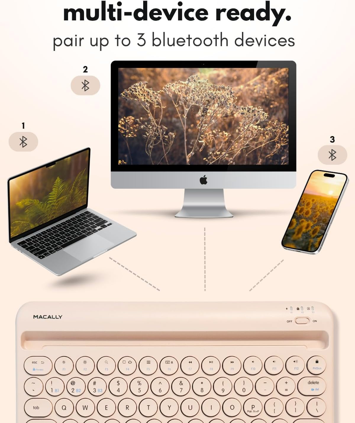 Macally Bluetooth Wireless Keyboard for Tablet (Multi-Device, Built-In Stand, Portable, Rechargeable) - Boba Brown
